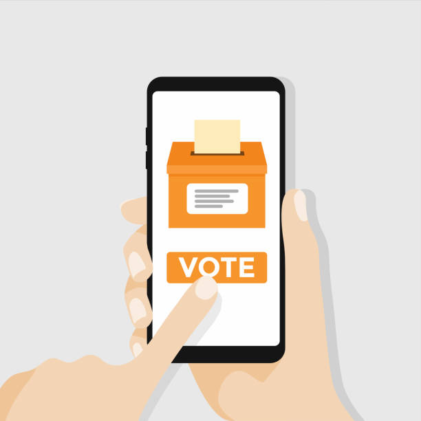 Hands holding a smart phone clicking a button that says vote with a ballot box above the button